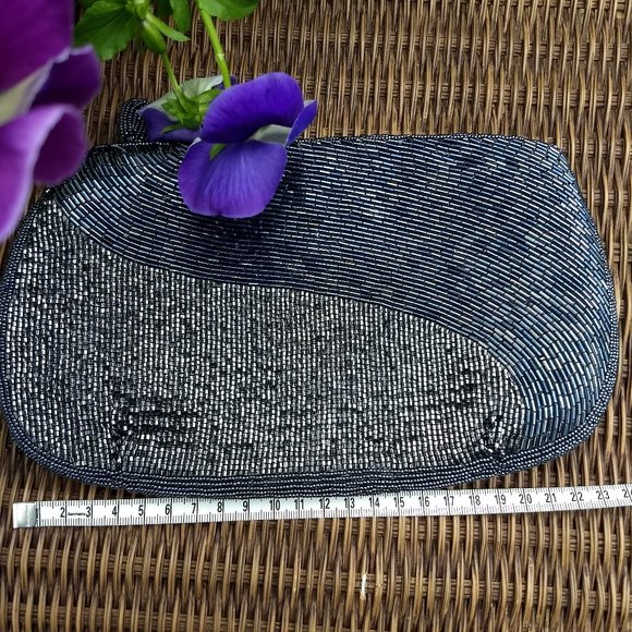 vintage 80s hematite grey seed bead belt clutch set - Picture 9 of 15